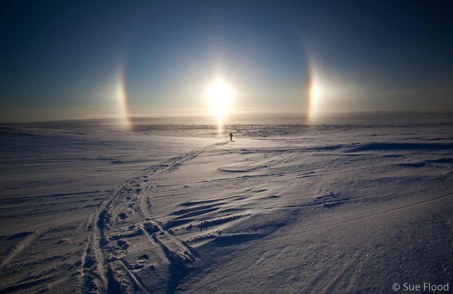 Person on sea ice with parhelion, Sanikiluaq, Hudson Bay, Canada