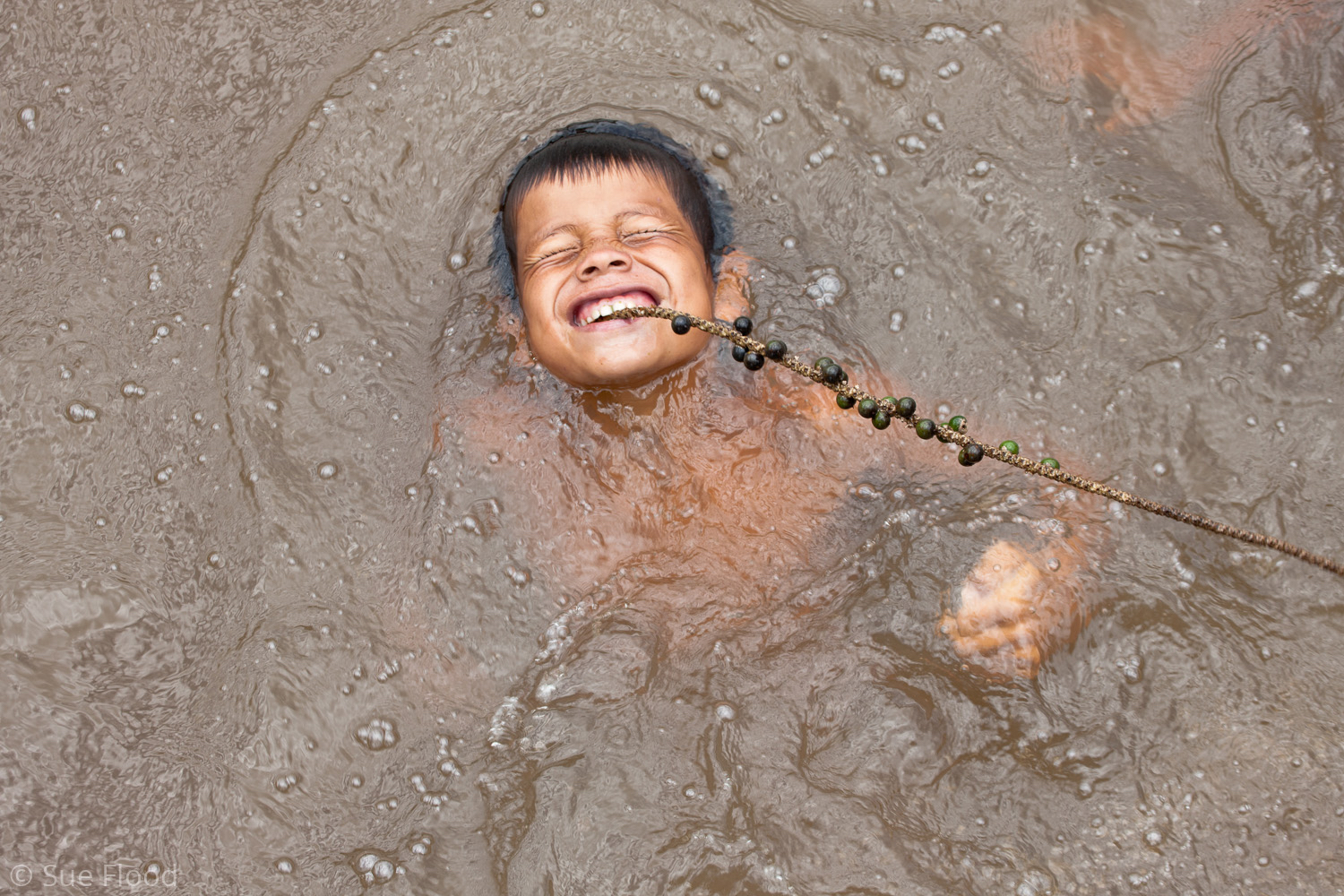 Young boy with Acai berries in river, Amazon, Brazil